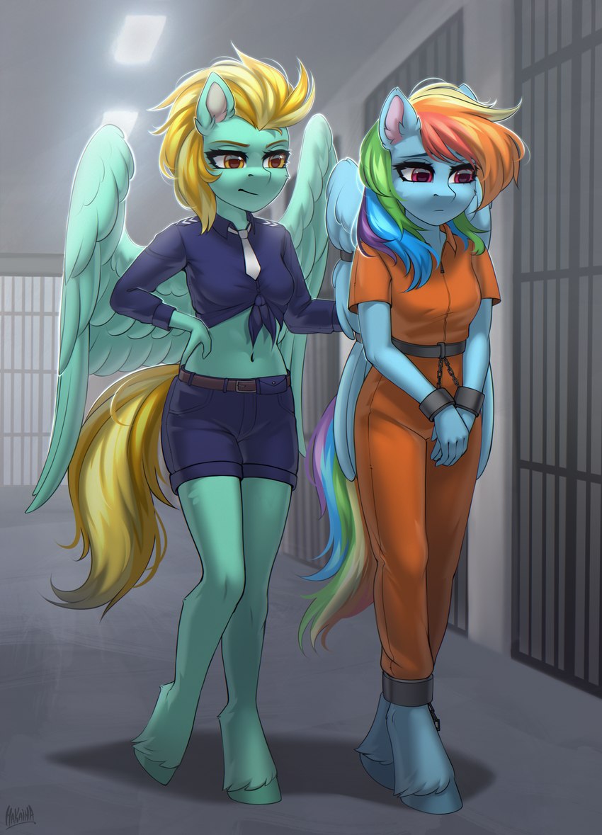 anthro arms_tied blonde_hair bound clothing cuff_(restraint) female hair handcuffs jumpsuit metal_cuffs multicolored_hair navel police police_uniform prison prison_suit prison_uniform prisoner rainbow_hair restraints shackles uniform wings wings_tied hakaina friendship_is_magic hasbro my_little_pony mythology lightning_dust_(mlp) rainbow_dash_(mlp) equid equine mammal mythological_creature mythological_equine pegasus absurd_res hi_res