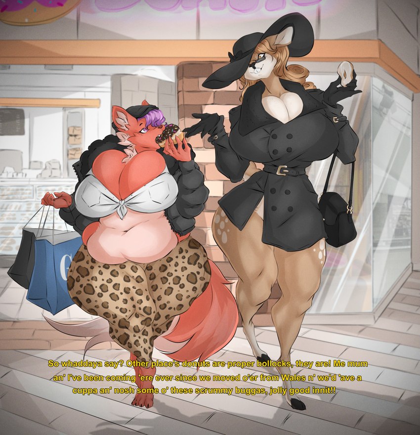 alternative_fashion animal_print anthro barefoot belly big_belly big_breasts bottomless bottomless_anthro bottomless_female bottomwear breasts brown_body brown_fur brown_hair buckteeth captions cleavage cleavage_overflow clothed clothing coat crop_top deep_navel dessert dialogue digitigrade doughnut duo eating eating_food eyewear feet female flat_cap food fur gloves gyaru hair handwear hat headgear headwear hooves huge_breasts huge_hips huge_thighs hyper hyper_breasts inner_ear_fluff j-fashion jacket leopard_print long_hair mall markings midriff multicolored_body multicolored_fur navel obese onee_gyaru open_clothing open_jacket open_topwear overweight pants pastry pink_body pink_fur purple_hair purse red_body red_fur shirt shopping_bag small_waist smile spots spotted_body spotted_fur spotted_markings sun_hat sunglasses tan_spots teeth text thick_thighs tied_shirt tights_down topwear trenchcoat tuft two_tone_body two_tone_fur wide_eyed wide_hips dullvivid fiona_fawnbags_(dullvivid) sweetie_(agnilla) deer domestic_cat felid feline felis mammal new_world_deer white-tailed_deer english_text hi_res