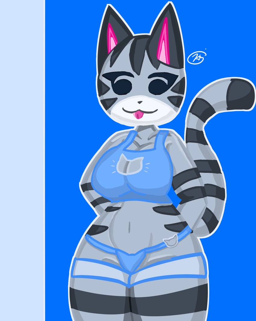 :3 anthro big_breasts bikini bottomwear bra breasts cat_keyhole_bra cat_lingerie cleavage cleavage_cutout clothed clothing cutout female keyhole_bra keyhole_clothing keyhole_underwear lingerie outline simple_background simple_eyes smile solo stripes swimwear tail thick_thighs tongue tongue_out topwear two-piece_swimsuit underwear jaed animal_crossing nintendo lolly_(animal_crossing) domestic_cat felid feline felis mammal 4:5 hi_res sketch