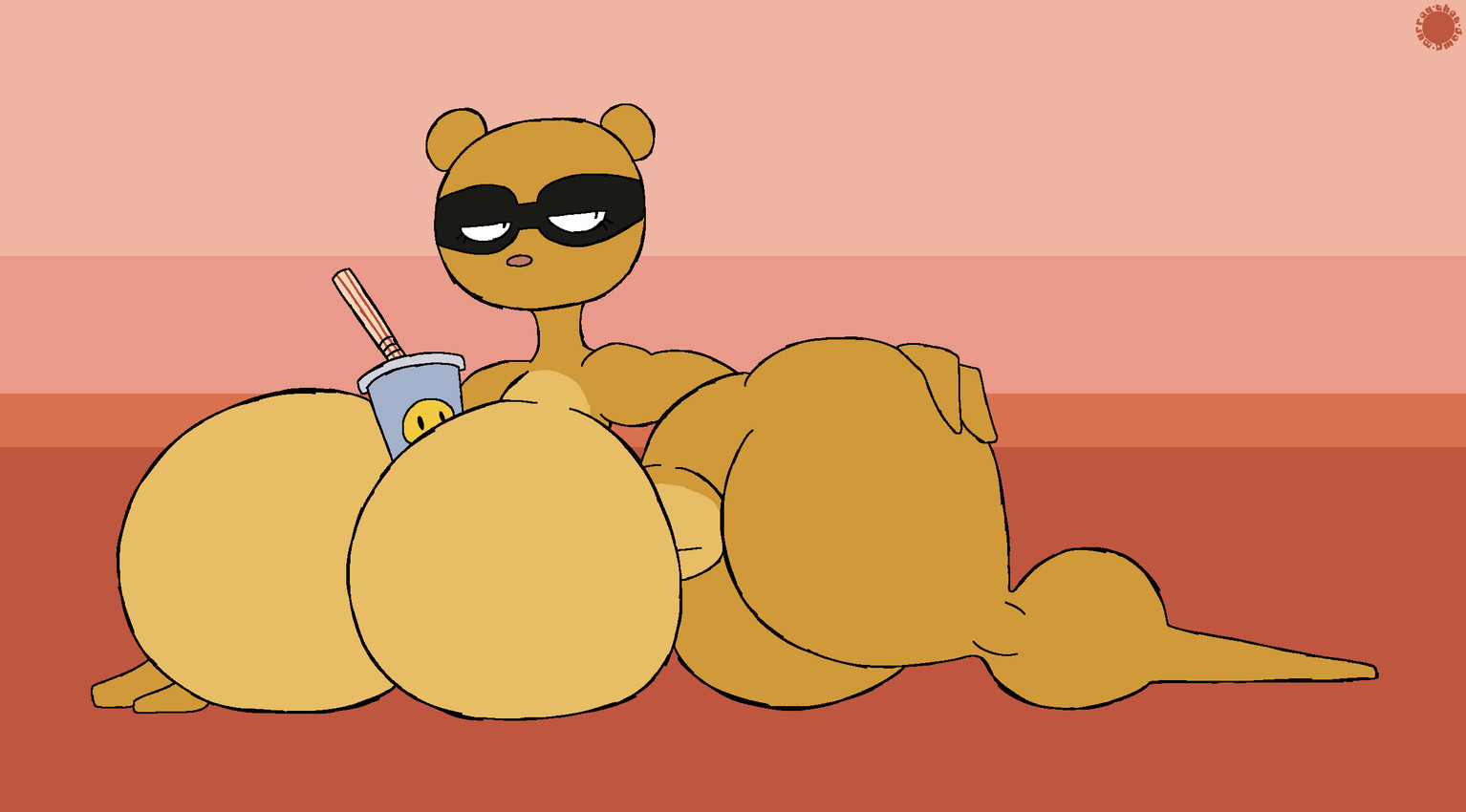 anthro bedroom_eyes belly between_breasts big_breasts bottom_heavy breasts container countershade_belly countershade_breasts countershading cup curvy_figure eyelashes facial_markings featureless_feet feet female fur geometric_background hand_on_leg hand_on_thigh head_markings huge_breasts hyper logo looking_back lying markings mask_(marking) mouthless narrowed_eyes navel on_side orange_body orange_fur seductive simple_background solo spherical_breasts text thick_thighs wide_hips thatdawgmurray super_furry_animals bear mammal aliasing artist_logo artist_name digital_media_(artwork) hi_res signature