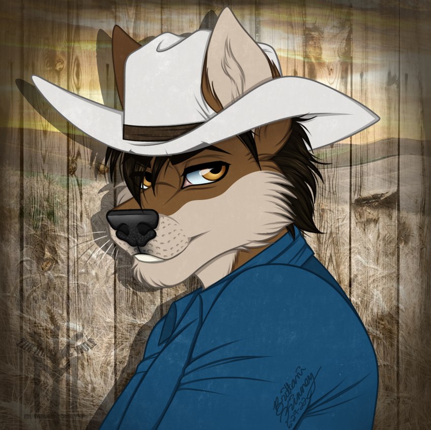 anthro ballcap black_hair clothing countershade_face countershading country cowboy_hat hair hat headgear headwear looking_at_viewer male overalls solo western yellow_eyes thehuntingwolf arwin canid canine canis fox hybrid mammal wolf 2023 bust_portrait dated digital_media_(artwork) portrait signature