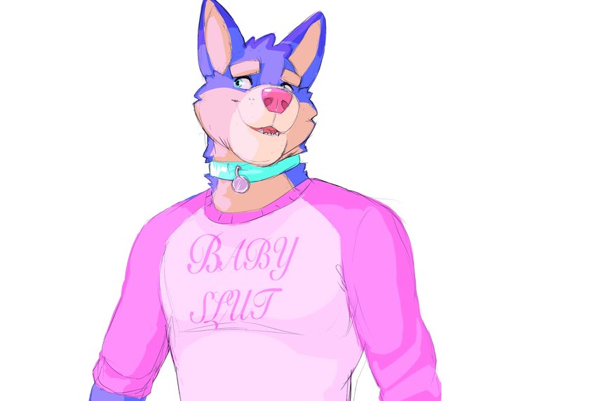 anthro blue_collar blue_eyes brown_body brown_eyebrows brown_fur clothed clothing collar collar_tag eyebrows fur male multicolored_body multicolored_fur open_mouth open_smile pink_clothing pink_shirt pink_topwear purple_body purple_fur shirt simple_background smile solo text thick_eyebrows topwear two_tone_body two_tone_fur white_background daire301 daire_(dog) canid canine canis domestic_dog mammal 2022 digital_media_(artwork) english_text half-length_portrait hi_res portrait