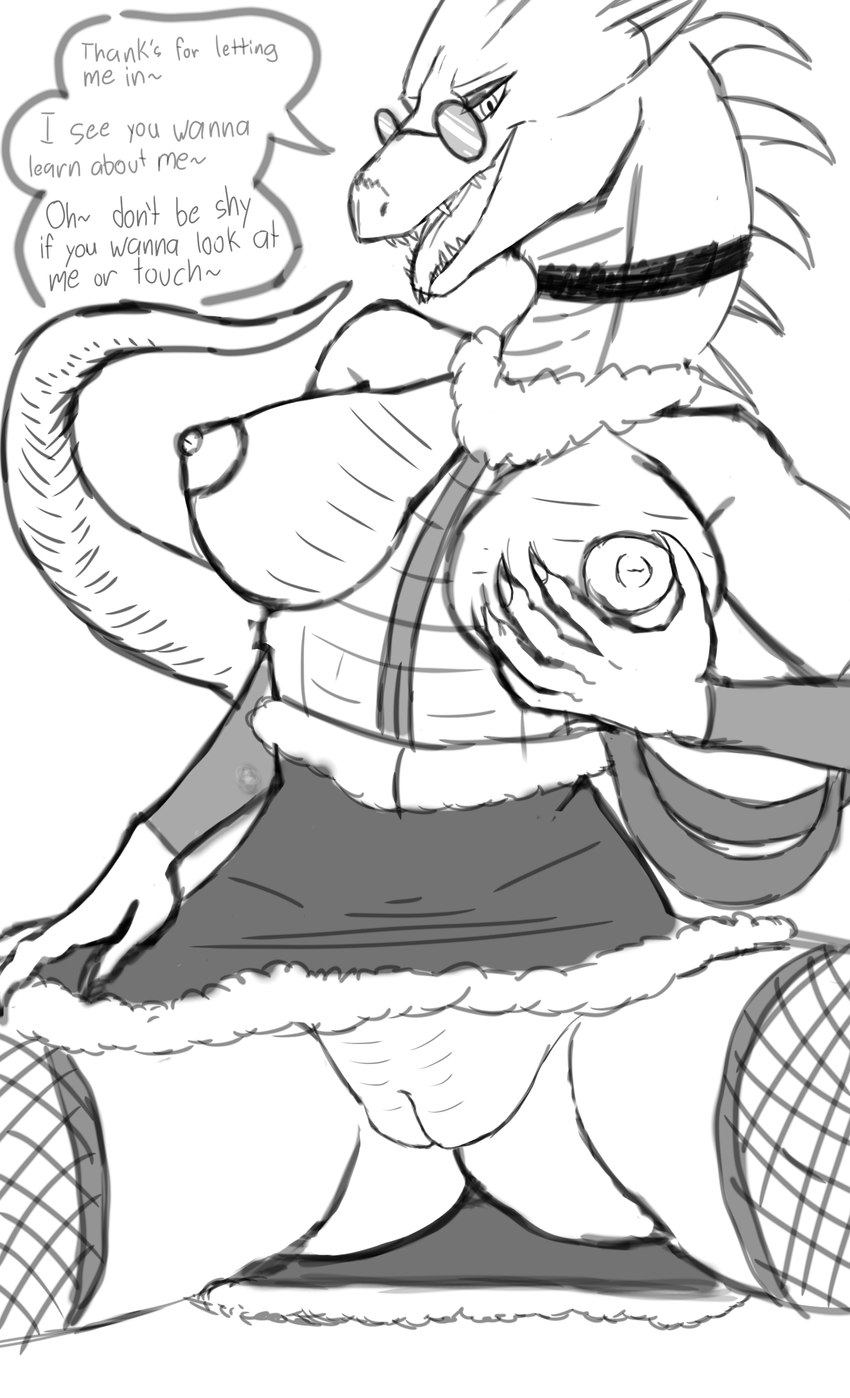 anthro big_breasts breasts butt claws clothed clothing duo eyewear female genitals glasses horn lady_lydia(elementusmetta) nipples nude pussy tail text elementusmetta mythology dragon mythological_creature mythological_scalie reptile scalie absurd_res english_text hi_res monochrome sketch