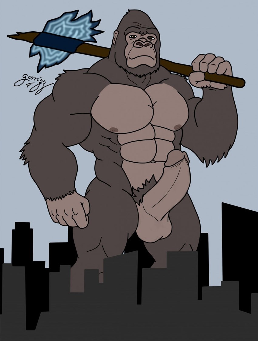 anthro balls biceps casual_erection casual_nudity erection foreskin fur genitals humanoid_genitalia humanoid_penis macro male manly muscular muscular_anthro muscular_male nipples nude pecs penis solo gorrizz king_kong_(series) king_kong ape gorilla haplorhine mammal primate hi_res