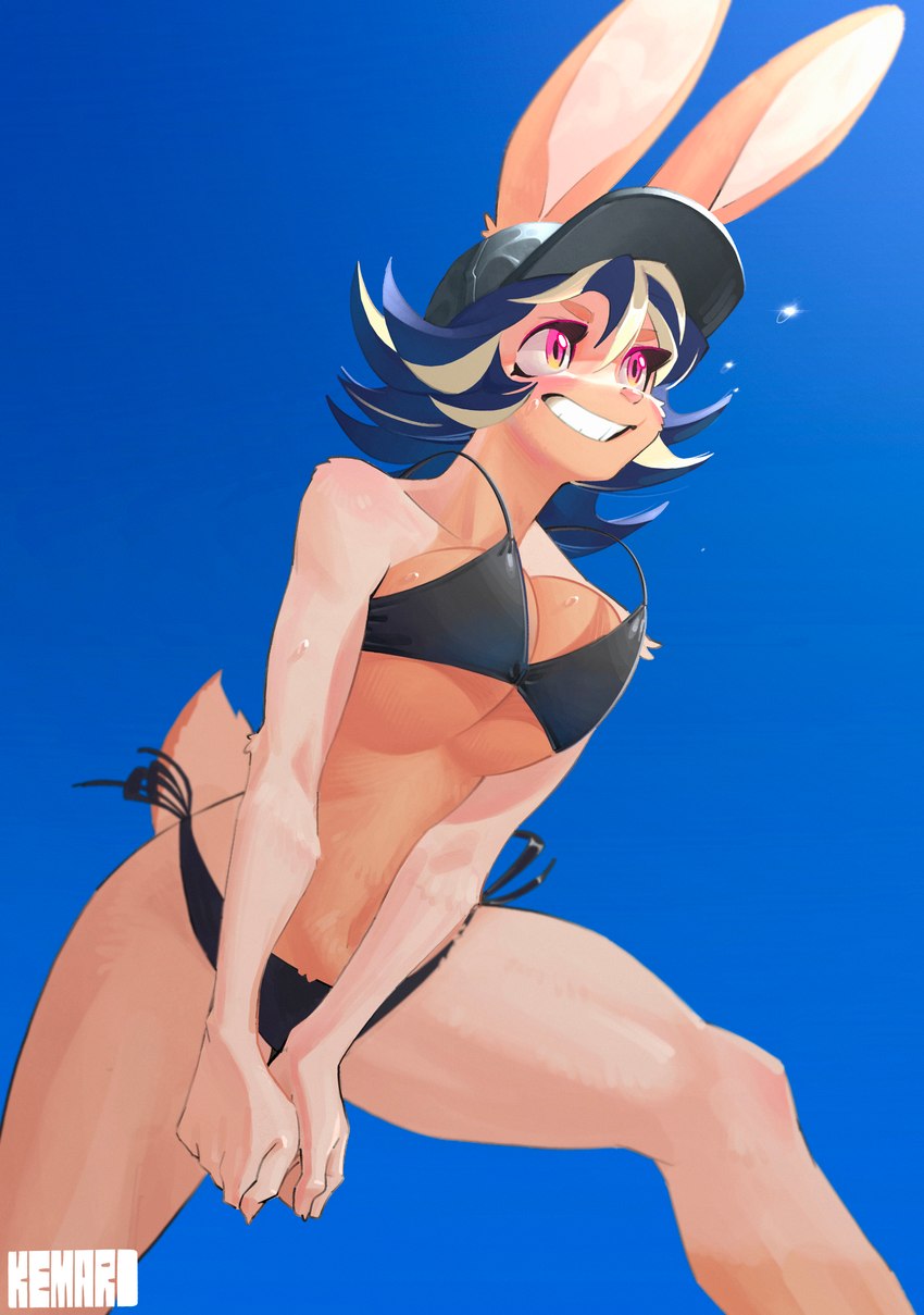 anthro athletic athletic_anthro athletic_female baseball_cap bikini blue_background bodily_fluids bouncing_breasts breasts claws clothing female finger_claws flying_sweatdrops hair hat headgear headwear multicolored_hair scut_tail short_tail simple_background solo sweat sweatdrop swimwear tail teeth two-piece_swimsuit two_tone_hair kemari acerola_(kemari) lagomorph leporid mammal rabbit absurd_res hi_res