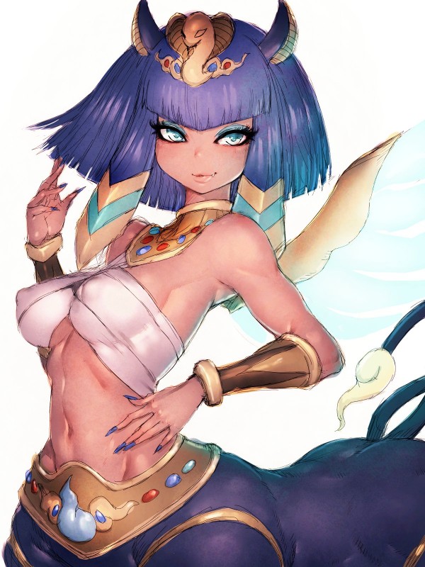 bandage blue_eyes blue_eyeshadow blue_hair blue_nails blush bracelet breasts clothed clothing colored_nails egyptian egyptian_clothing egyptian_headdress eyeshadow female hair jewelry makeup midriff multi_tail nails navel nipple_outline sharp_teeth simple_background solo tail teeth under_boob uraeus white_background wings wrappings fumio936 egyptian_mythology level-5 middle_eastern_mythology mythology yo-kai_watch meopatra felid felid_taur humanoid mammal mammal_taur mythological_creature mythological_sphinx sphinx_taur taur 2019 3:4 hi_res