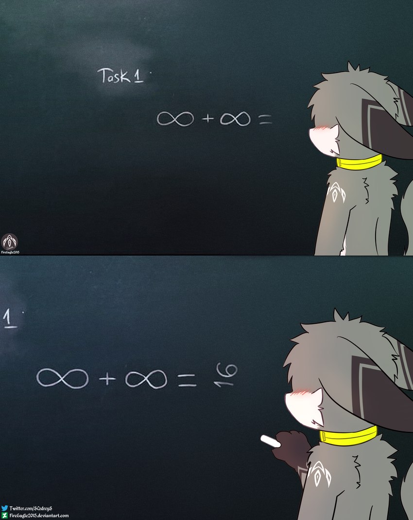 anthro blush chalk chalkboard collar ears_down fur grey_body grey_fur holding_object humor looking_at_object looking_away male math pivoted_ears solo standing text senz sean_(senz) iradeon 2023 absurd_res english_text hi_res url