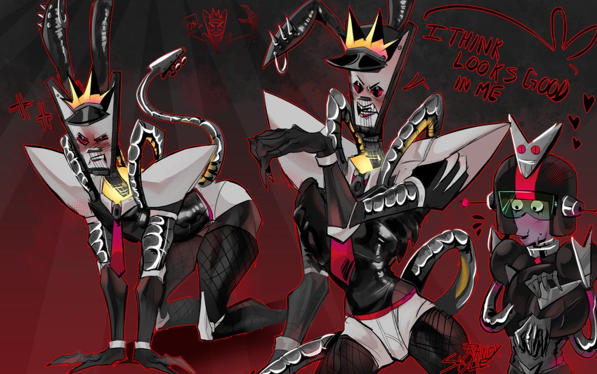 all_fours alternate_costume armor bared_teeth black_body blush bunny_costume claws clothing costume cross-popping_vein dialogue duo ear_piercing embarrassed fake_ears fake_rabbit_ears fangs fishnet_clothing fishnet_legwear flustered for_a_head glistening glistening_body guitar_head guitar_string headgear heart_symbol helmet legwear looking_at_another machine male male/male metallic_body multicolored_body multiple_poses narrowed_eyes necktie open_mouth piercing pose purple_body red_background red_eyes robotic robotic_limb robotic_tail shoulder_guards showing_teeth shy simple_background slim small_waist tail teeth text underwear uniform visor rawox_style shred_force nordic_bunny nordic_minion animate_inanimate guitar_humanoid humanoid object_head robot absurd_res english_text hi_res