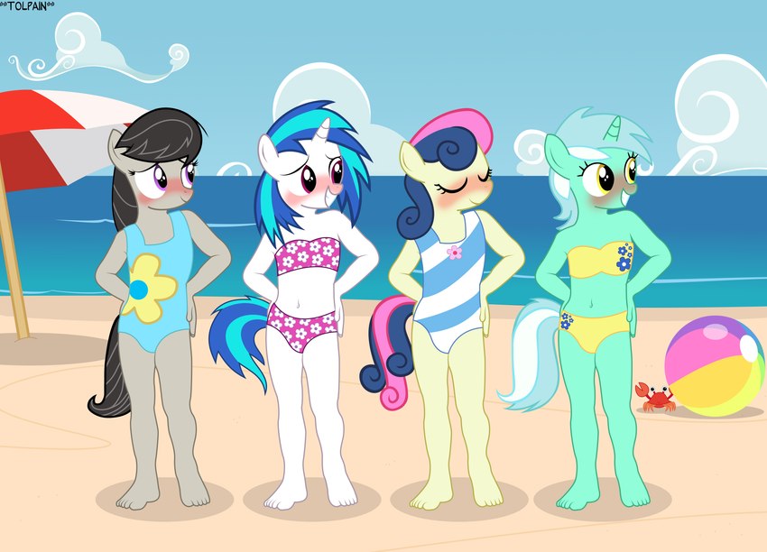 anthro ball beach beach_ball bikini bikini_bottom bikini_top black_hair blue_clothing blue_hair blue_swimwear blush clothing eyes_closed female flat_chested floral_print fur green_body green_fur grey_body grey_fur group hair hand_on_hip horn inflatable multicolored_clothing multicolored_hair multicolored_swimwear one-piece_swimsuit outside pattern_clothing pattern_swimwear pink_clothing pink_swimwear plantigrade sea seaside strapless_bikini strapless_clothing strapless_swimwear striped_clothing striped_swimwear stripes swimwear tan_body tan_fur two-piece_swimsuit two_tone_clothing two_tone_hair two_tone_swimwear umbrella water white_body white_fur yellow_clothing yellow_swimwear young young_anthro tolpain friendship_is_magic hasbro my_little_pony mythology bonbon_(mlp) lyra_heartstrings_(mlp) octavia_(mlp) vinyl_scratch_(mlp) ambient_arthropod ambient_crab ambient_crustacean ambient_sealife earth_pony equid equine horse mammal mythological_creature mythological_equine pony unicorn absurd_res hi_res