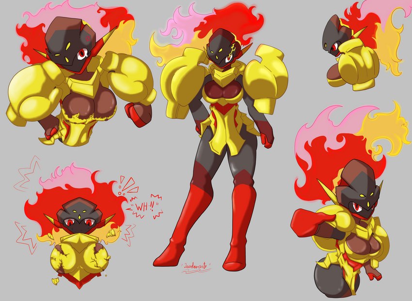 armor cool_armor female fire flaming_hair large_pauldrons pseudo_hair solo levidos nintendo pokemon armarouge generation_9_pokemon humanoid pokemon_(species) absurd_res hi_res