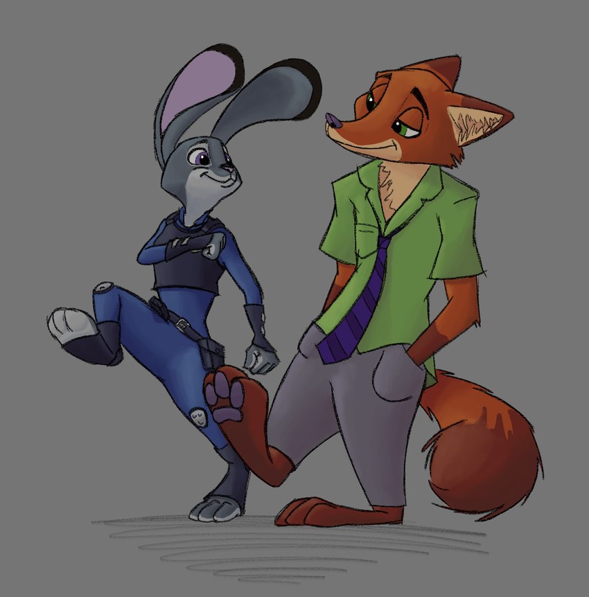 anthro barefoot bottomwear clothing dipstick_ears dipstick_tail duo ear_markings feet female fingers footwear gloves_(marking) grey_background male markings multicolored_ears necktie pants pawpads pose shirt simple_background tail tail_markings toeless_footwear toes topwear boloid disney zootopia judy_hopps nick_wilde canid canine european_rabbit fox lagomorph leporid mammal oryctolagus rabbit red_fox true_fox digital_drawing_(artwork) digital_media_(artwork) hi_res