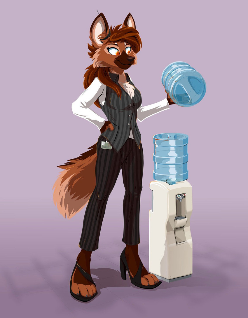 anthro black_bottomwear black_clothing black_pants bottomwear brown_body brown_fur clothing female female_anthro footwear fur grey_clothing high_heels holding_object inside looking_at_object office_clothing orange_eyes pants pink_background shirt shoes simple_background smile solo tall topwear water water_cooler white_clothing white_inner_ear white_shirt white_topwear white_undershirt tirrel leah_(zakuratech) canid canine mammal maned_wolf 2021 digital_media_(artwork) hi_res