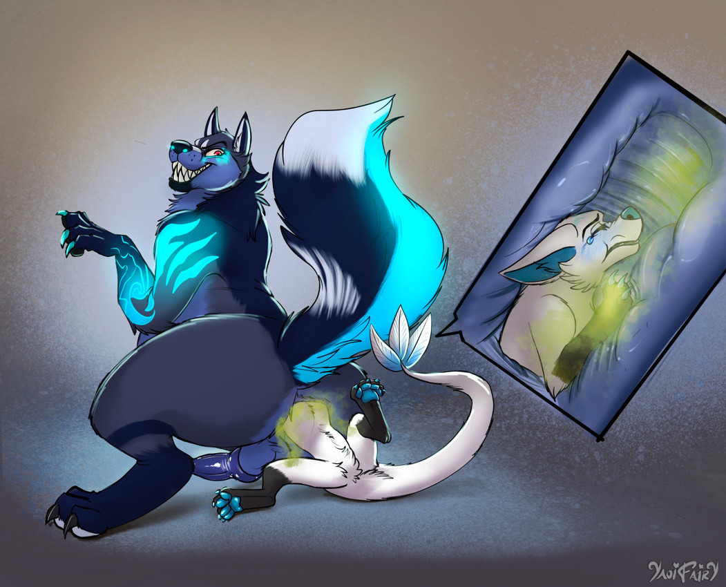 ambiguous_gender anthro anus balls black_claws blue_anus blue_body blue_claws blue_fur blue_pawpads butt claws duo fart fart_cloud fart_fetish farting_on_another feral fur genitals green_fart_cloud grey_body grey_fur male male/ambiguous pawpads perineum red_eyes white_body white_fur yaoifairy ceirus canid canine canis mammal wolf