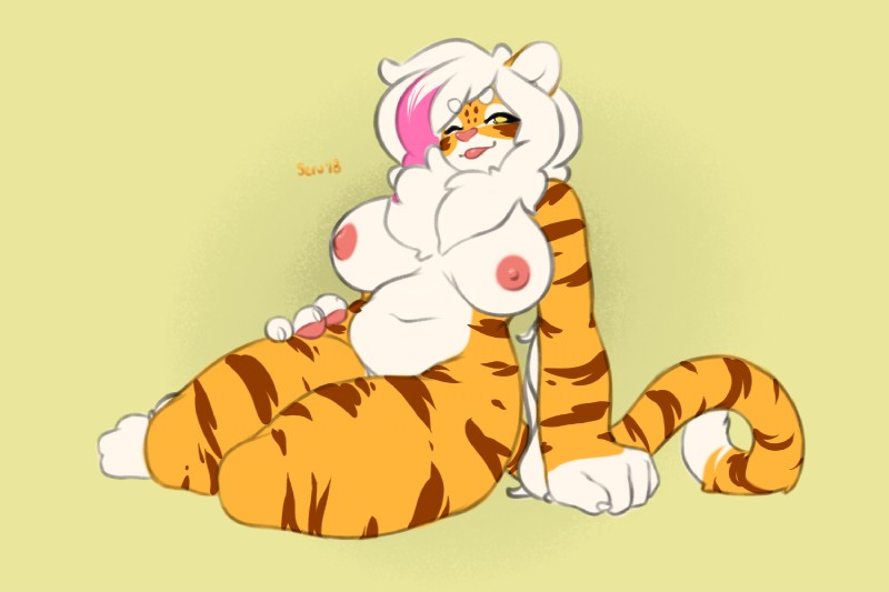 anthro bedroom_eyes big_breasts big_feet blep breasts claws countershading feet female half-closed_eyes looking_at_viewer narrowed_eyes navel nipples nude one_eye_closed seductive slightly_chubby solo tongue tongue_out wink serulean buxbi_(character) felid mammal pantherine tiger 2019 3:2