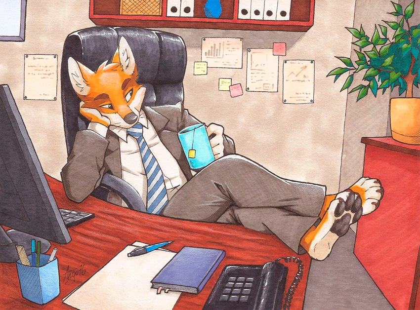 anthro black_eyes black_nose black_pawpads blue_cup book bottomwear brown_claws brown_eyebrows chair claws clothed clothing coffee_mug computer_keyboard computer_monitor container cup desk electronics eyebrows feet_up fur furniture grey_clothing grey_suit holding_container holding_cup holding_object inner_ear_fluff keyboard looking_away male necktie office office_chair on_chair orange_body orange_fur pants paper pattern_necktie pawpads phone plant plant_pot post-it_note potted_plant shirt sitting sitting_on_chair solo striped_necktie suit suit_and_tie suit_jacket table topwear tuft whiskers white_body white_clothing white_fur white_shirt white_topwear window ango76 canid canine fox mammal 2020