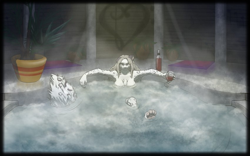 alcohol anthro bass_clef bedroom_eyes beverage big_breasts black_ears breasts chest_tuft container cup drinking_glass female fur glass glass_container glass_cup hair holding_glass holding_object hot_tub inside long_hair looking_at_viewer musical_clef musical_note musical_symbol narrowed_eyes nude partially_submerged pawpads plant plant_pot potted_plant sauna seductive sheet_music solo spread_arms steam symbol tuft white_body white_fur wine wine_glass jctownsend titania_(chromatic_bard) felid mammal pantherine snow_leopard 16:10 2022 digital_media_(artwork) widescreen