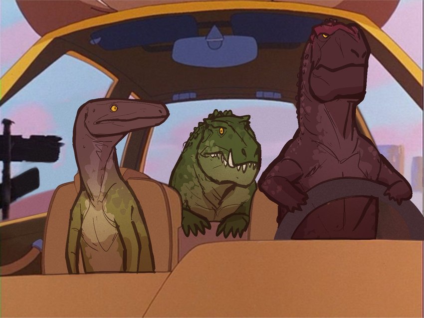 ambiguous_gender annoyed brown_body brown_scales city city_background driving fangs feral green_body green_scales group inside looking_at_another pupils scales sharp_teeth sign slit_pupils teeth trio vehicle gagaegral comfort_character_car barinasuchus popsaurus postosuchus pseudosuchian reptile scalie hi_res meme redraw