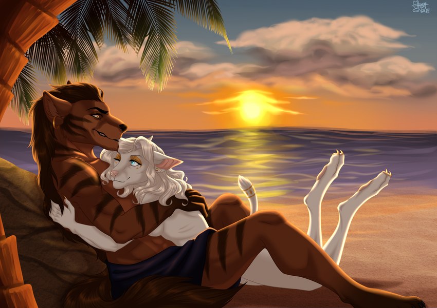 anthro arms_around_partner beach blue_eyes digitigrade duo ear_piercing ear_ring eye_contact female fur fur_markings gold_eyeshadow hair hug looking_at_another lying_on_another male male/female markings nude nude_female palm_tree piercing plant ring_piercing seaside striped_body striped_fur stripes sunset tree white_body white_fur white_hair crazyhyena chucklefuck shemei anubian_jackal canid canine canis gnoll hyena jackal mammal hi_res