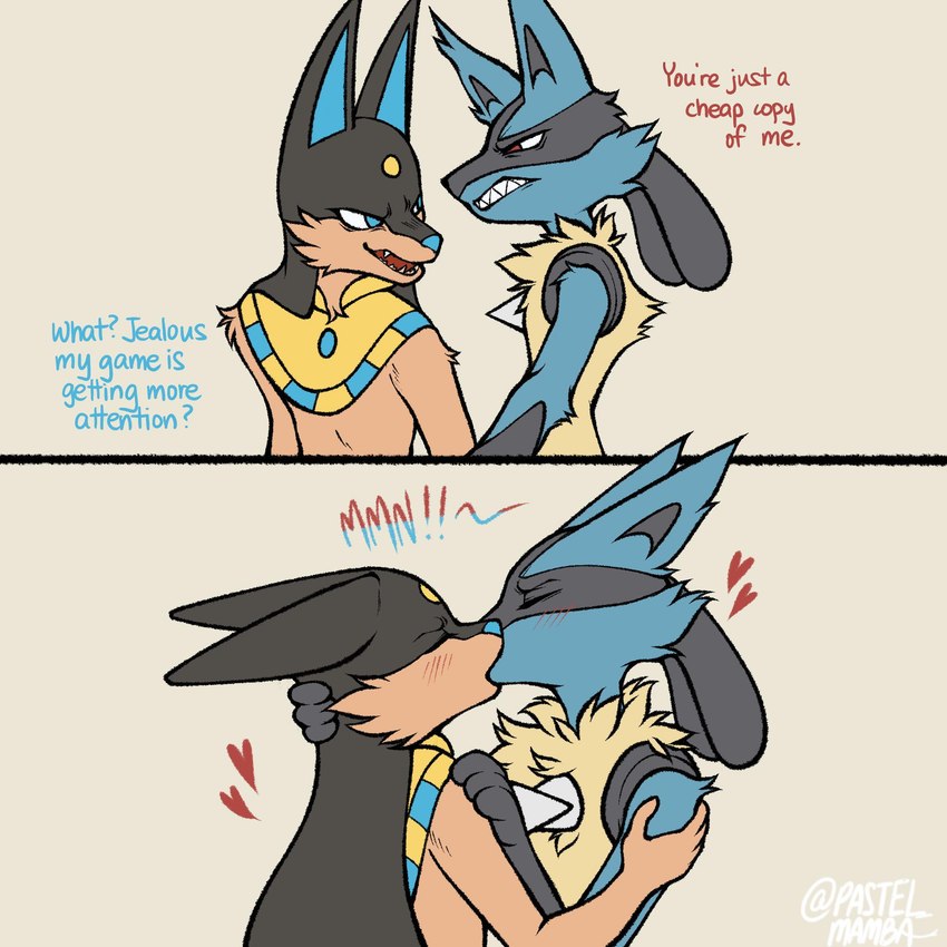 angry angry_kiss anthro anthro_on_anthro blue_body blue_eyes blue_fur blush crossover_ship duo enemies_to_lovers fur hearts_around_head interspecies kissing male palphilia pokephilia red_eyes simple_background tan_body tan_fur text that_escalated_quickly pastel_mamba nintendo palworld pocketpair pokemon anubis_(pal) canid canine generation_4_pokemon lucario mammal pal_(species) pokemon_(species) 1:1 2024 crossover english_text hi_res