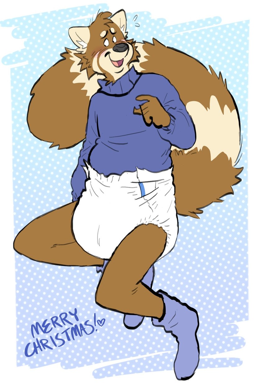 anthro blue_background blush brown_body brown_fur clean_diaper clothed clothing diaper footwear fur male merry_christmas pantsless pantsless_anthro pantsless_male simple_background socks solo sweater tan_body tan_fur topwear wearing_diaper white_background slusheep ailurid mammal red_panda hi_res