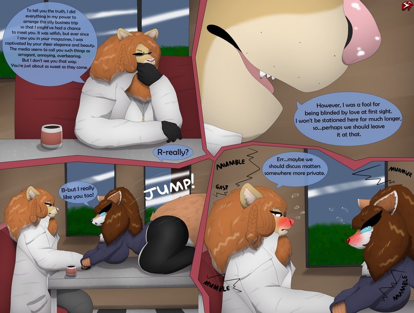 accessory all_fours anthro beverage big_breasts big_butt blue_eyes blush bodily_fluids bottomwear braided_hair braided_ponytail breasts brown_hair butt checkered checkered_floor clothing coat coffee coffee_mug coffee_shop collared_shirt countershade_face countershading date dialogue drinking duo female fluffy fluffy_tail freckles fur furniture gloves hair hair_accessory hairpin handwear hoodie huge_breasts huge_butt inner_ear_fluff leggings legwear male neck_tuft nervous on_table one_eye_closed orange_body orange_fur orange_hair polo_shirt ponytail red_eyes restaurant seat shirt sitting slightly_chubby steam surprise surprised_expression table tail text thick_thighs topwear trenchcoat tuft white_body white_clothing white_fur wide_hips window yellow_body yellow_fur stylish_apollo laurence_halkavich maya_halkavich canid canine canis domestic_dog felid husky lion mammal nordic_sled_dog pantherine spitz model english_text hi_res