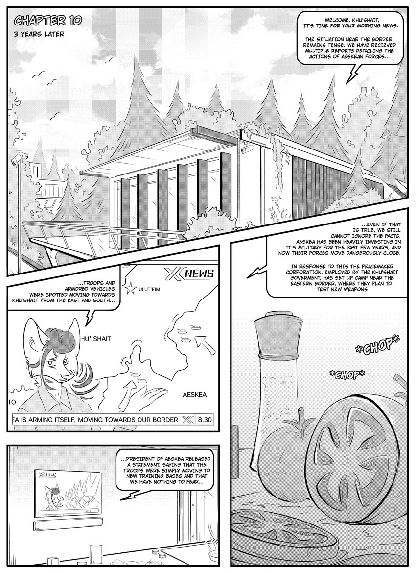 anthro building dialogue electronics female food forest forest_background fruit inside nature nature_background news news_report outside plant simple_background solo speech_bubble television text tomato tree kifyun2 canid canine fox mammal absurd_res black_and_white comic english_text hi_res monochrome