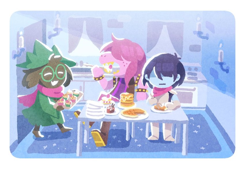 2_horns :| ^_^ ambiguous_gender anthro appliance armor armored_boots bangs black_body black_boots black_clothing black_ears black_feet black_footwear black_fur black_hair black_topwear black_vest blue_body blue_ears blue_skin boots border bracelet butter cake candle capelet carpet chair cherry clothing cupcake curtains curtains_open cutlery dairy_products dessert dishes doorframe drawers ear_tuft eating eyeless eyes_closed eyewear featureless_feet feet food food_tray footwear fork freckles fruit fur furgonomics furniture gauntlets glasses glistening glistening_hair gloves green_clothing green_eyewear green_glasses green_hat green_headwear green_robe group hair hair_over_eyes handwear happy hat head_tuft headgear headwear holding_object horn jewelry kitchen kitchen_utensils light lit_candle open_mouth pancake pastry pattern_carpet pie pink_body pink_scarf pink_skin plant plate_armor pose purple_hair robe round_glasses scarf shadow sharp_teeth shoes short_hair sink sitting slice_of_life smile snout spiked_bracelet spikes stove sunlight syrup table teeth tools topwear trio tuft vest walking whipped_cream white_border white_eyes window wizard_hat yellow_teeth kuzugitsune deltarune undertale_(series) kris_(deltarune) ralsei susie_(deltarune) bovid caprine darkner goat human mammal reptile scalie 2018 digital_media_(artwork) shaded