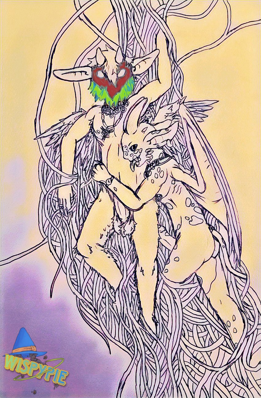 arm_around_partner armpit_hair ball_tuft balls bat_wings body_hair clock duo ear_piercing ear_ring entangled feathered_wings feathers genitals hair high-angle_view horn humanoid_pointy_ears jewelry licking looking_at_viewer lying magic magic_user male male/male markings married_couple mask membrane_(anatomy) membranous_wings necklace nipple_piercing nipple_ring nipples piercing plant pointy_ears ring ring_piercing simple_background tongue tongue_out tuft vines watch wings third-party_edit wispypie simon_crawford welkin_(wispypie) humanoid imp absurd_res hi_res shopped traditional_media_(artwork)