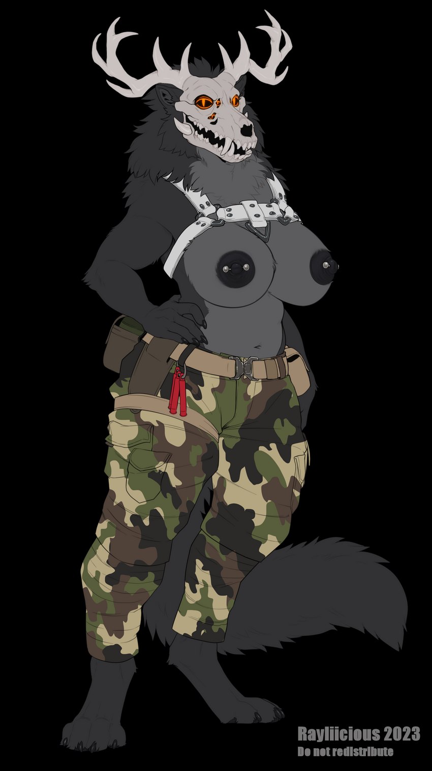 anthro antlers belt belt_accessory belt_pouch big_breasts black_body black_claws black_fur black_pawpads black_paws bone bottomwear breasts camo camo_bottomwear camo_clothing camo_pants camo_print cargo_pants chest_harness claws clothing digitigrade erect_nipples fangs female fluffy fur glowstick grey_body harness horn looking_at_viewer multi_eye multicolored_body multicolored_fur nipple_piercing nipples nude pants pattern_bottomwear pattern_clothing pattern_pants pawpads paws piercing skull skull_head solo tactical_belt tactical_gear tail teeth tuft white_harness rayliicious american_mythology indigenous_north_american_mythology mythology north_american_mythology hissukka canid canine mammal monster wendigo absurd_res alpha_channel digital_media_(artwork) hi_res