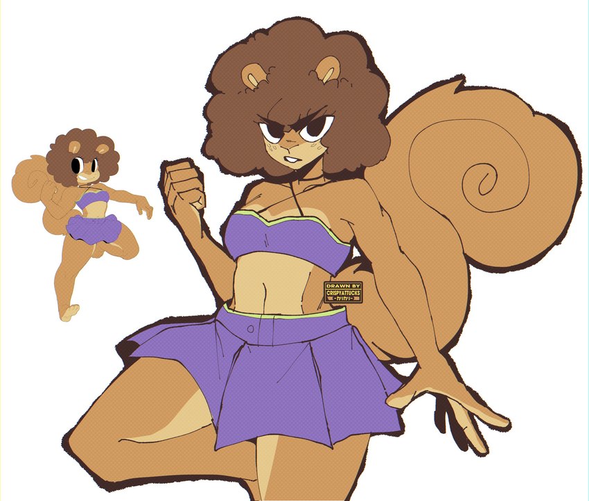 afro anthro barefoot bottomwear brown_body brown_fur brown_hair button_skirt clothed clothing crop_top feet female freckles fur hair midriff purple_bottomwear purple_clothing purple_skirt shirt skirt solo topwear evilcrispicular nickelodeon spongebob_squarepants sandy_cheeks mammal rodent sciurid tree_squirrel 2021 absurd_res digital_media_(artwork) hi_res