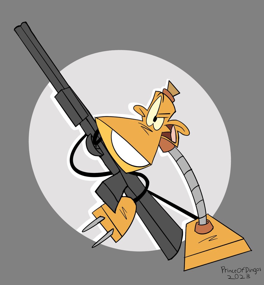 ambiguous_gender anthro cross-eyed goofy_smile gun holding_gun holding_object holding_ranged_weapon holding_weapon lamp looking_at_viewer machine not_furry orange_body ranged_weapon simple_background solo toony weapon princeofdingos the_brave_little_toaster lampy_(the_brave_little_toaster) animate_inanimate living_machine hi_res