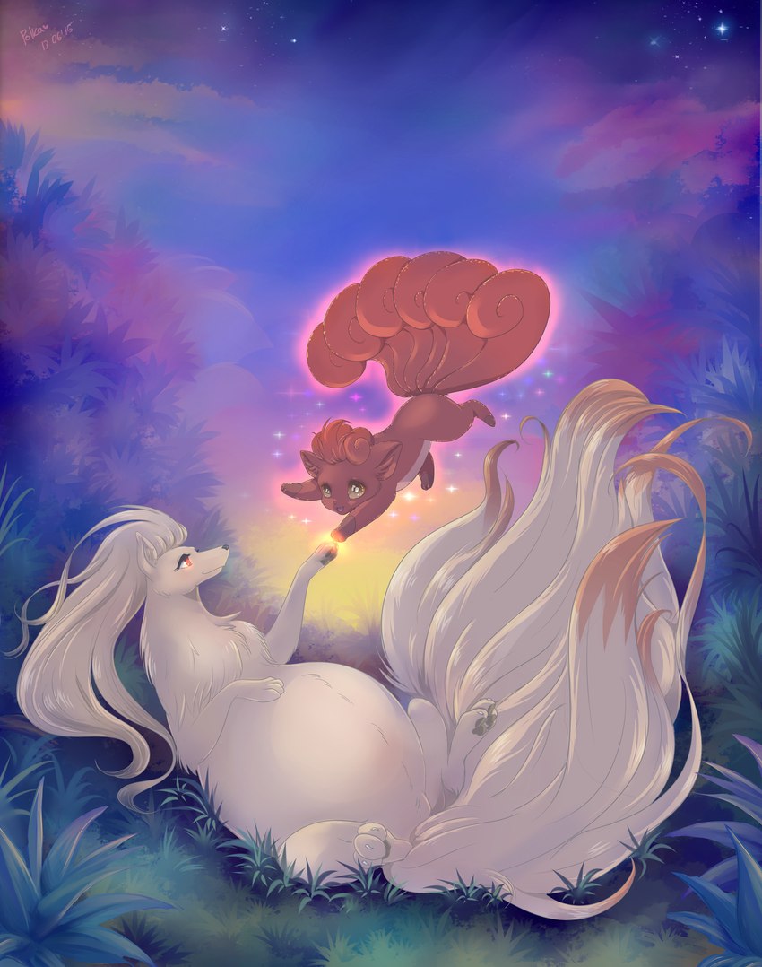 4_toes 6_tails 9_tails belly big_belly black_nose blonde_hair blue_sky brown_body brown_eyes brown_fur chest_tuft claws closed_smile curled_tail dipstick_tail duo evening eyelashes fangs feet feet_together female female_feral feral fern fluffy fluffy_tail fur glowing glowing_eyes grass grey_pawpads hair larger_female larger_feral light long_hair long_tail lying lying_on_ground markings midair mouth_closed multi_tail multicolored_body multicolored_fur on_back on_ground open_mouth open_smile orange_hair orange_tail orange_tail_tip outside pawpads paws pink_tongue plant pregnant pregnant_female pregnant_feral quadruped red_eyes short_hair size_difference sky small_nose smaller_feral smile smiling_at_another sparkles tail tail_markings teeth telekinesis text toe_claws toes tongue tuft two_tone_body two_tone_fur white_claws yellow_body yellow_fur yellow_tail black_kitty nintendo pokemon generation_1_pokemon ninetales pokemon_(species) vulpix 2015 artist_name colored dated digital_drawing_(artwork) digital_media_(artwork) english_description hi_res lighting shaded
