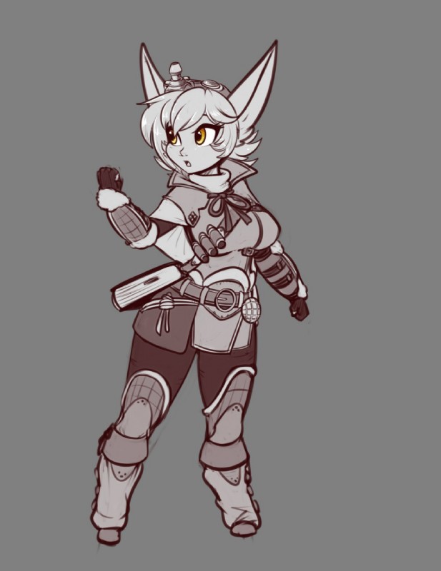 amber_eyes armor belt book breasts clothed clothing eyewear female goggles humanoid_pointy_ears pose simple_background solo scorpdk league_of_legends riot_games tencent the_handler_(monster_hunter) tristana_(lol) yordle crossover hi_res