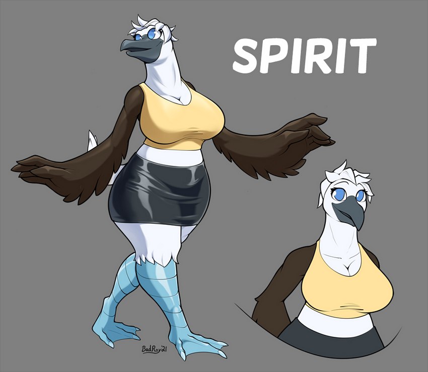 3_toes 5_fingers anthro avian_feet beak big_breasts biped black_eyebrows blue_eyes bottomwear breasts brown_body brown_feathers brown_wings cleavage clothed clothing curvy_figure digitigrade eyebrows eyelashes feather_hands feathered_wings feathers feet female fingers fully_clothed grey_beak hourglass_figure membrane_(anatomy) non-mammal_breasts open_beak open_mouth scutes skimpy solo standing tail tail_feathers thick_thighs toes topwear webbed_feet white_body white_feathers white_tail wide_hips wings badroy spirit_(pyrokid0000) avian bird blue-footed_booby booby_(bird) sulid suliform 2021 character_name dated digital_media_(artwork) flat_colors full-length_portrait half-length_portrait multiple_images portrait shaded signature