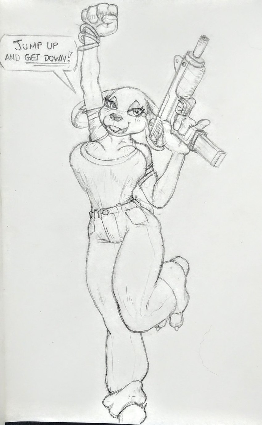 anthro barefoot big_breasts bottomwear bracelet breasts buckteeth claws cleavage clothed clothing cotton_tail curvy_figure feet female front_view fur gun huge_breasts jewelry oversized_bottomwear oversized_clothing oversized_pants pants pose ranged_weapon simple_background solo submachine_gun teeth text thick_thighs toe_claws tucked_shirt weapon toafaybos timesplitters farrah_fun-bunny lagomorph leporid mammal black_and_white english_text graphite_(artwork) hi_res monochrome sketch traditional_media_(artwork)