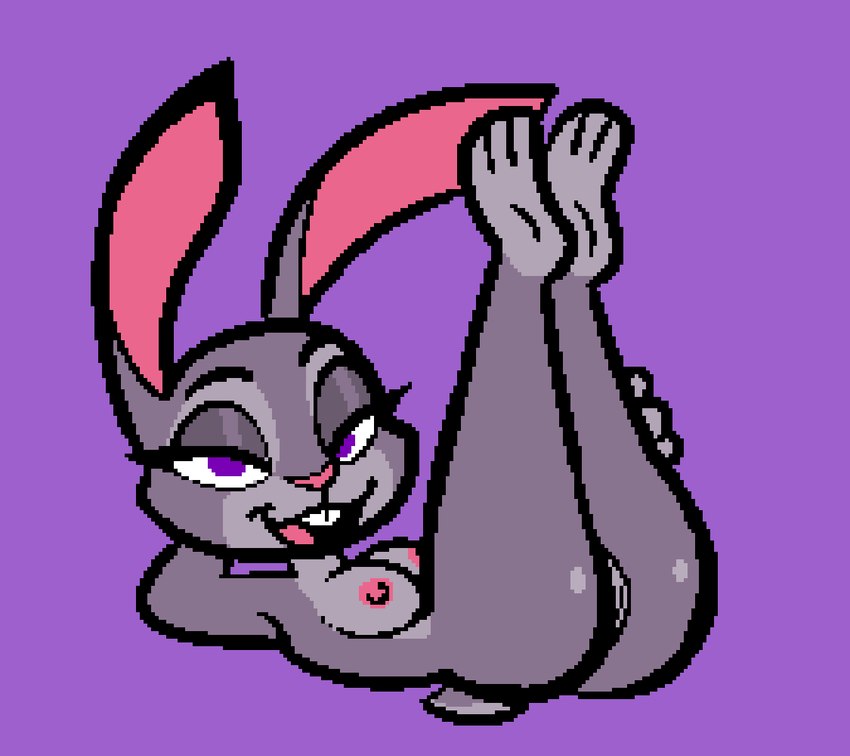 anthro biped butt female female_anthro genitals grey_body half-closed_eyes holding_leg looking_at_viewer narrowed_eyes nipples nude open_mouth purple_eyes pussy simple_background solo pixelcap disney zootopia judy_hopps lagomorph mammal