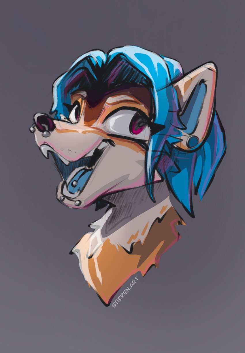 anthro blue_hair blue_tongue ear_piercing ear_tunnel facial_piercing fangs female hair lip_piercing nose_piercing open_mouth piercing purple_eyes red_eyes short_hair simple_background solo teeth tongue tongue_piercing stirren canid canine canis domestic_dog mammal shiba_inu spitz hi_res portrait