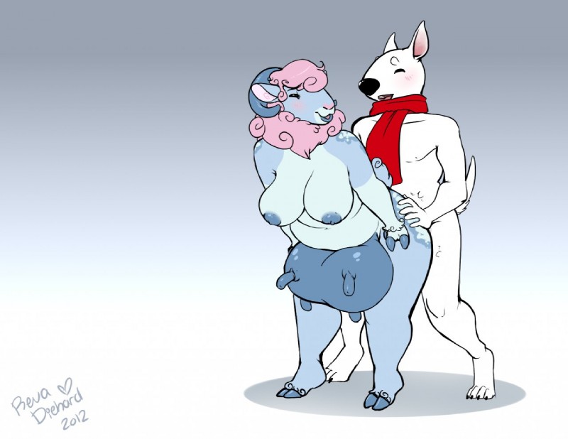 anthro blush bovine_teats bovine_udders breasts breasts_and_teats duo eyes_closed female from_behind_position hair male male/female nipples overweight scarf sex simple_background slightly_chubby standing tail teats udders revadiehard bovid canid canine canis caprine domestic_dog goat mammal