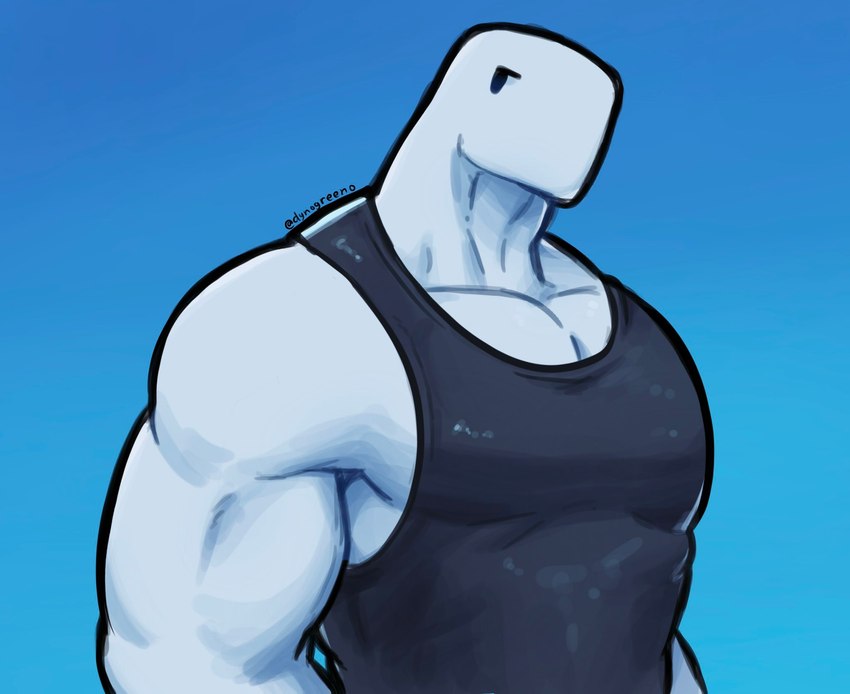 anthro blue_background clothing dark_topwear male muscular muscular_anthro muscular_male shirt simple_background solo tank_top topwear white_body dynogreeno largo_(dynogreeno) dinosaur prehistoric_species reptile scalie hi_res