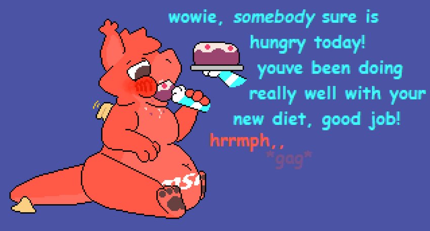 ambiguous_gender anthro blush blush_lines brand brown_pawpads cake crumbs dessert dialogue duo fat_legs feeding fluffy fluffy_ears fluffy_hair food food_fetish fur hair holding_arm holding_plate messy moobs motion_lines obese obese_anthro overweight overweight_anthro pawpads plate red_body silver_platter small_wings tail teeth text thick_tail wings harleyfunnycat msi mythology programming_socks voicemod lucky_(msi) voicemod_protogen ambiguous_species dragon furred_dragon furred_scalie mythological_creature mythological_scalie scalie winged_dragon comic_sans digital_media_(artwork) english_text microsoft_paint_(artwork) pixel_(artwork)