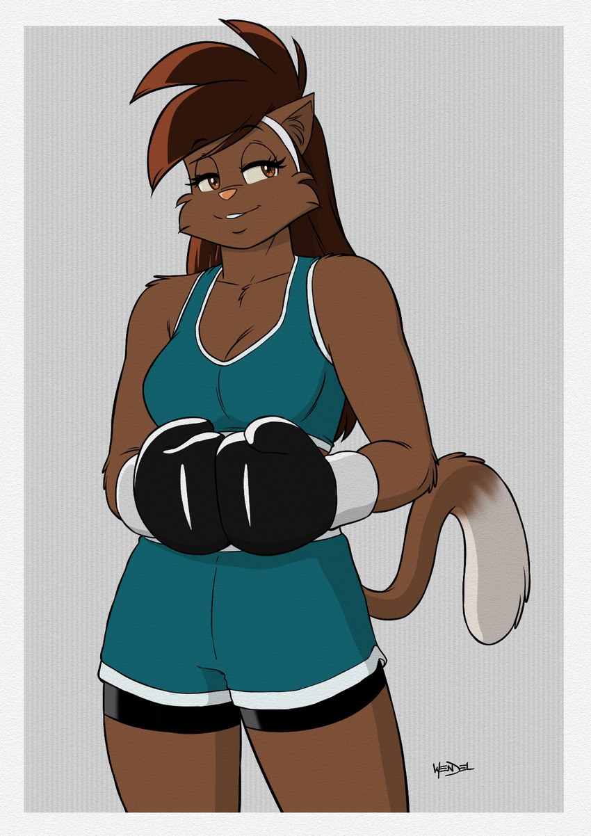 accessory anthro arm_tuft athletic biped black_bottomwear black_boxing_gloves black_clothing black_handwear border bottomwear boxing_attire boxing_gloves boxing_shorts bra breasts brown_body brown_eyes brown_fur brown_hair brown_inner_ear_fluff cheek_tuft clothed clothing dipstick_tail elbow_tuft facial_tuft female fully_clothed fully_clothed_anthro fully_clothed_female fur glistening glistening_boxing_gloves glistening_clothing glistening_eyes glistening_handwear grey_background hair handwear headband inner_ear_fluff long_hair looking_aside markings medium_breasts multicolored_body multicolored_fur outside_border pattern_background pink_nose shoulder_tuft simple_background smile solo sports_bra standing tail tail_markings teal_bottomwear teal_boxing_shorts teal_bra teal_clothing teal_sports_bra teal_topwear teal_underwear teeth topwear tuft two_tone_body two_tone_fur underwear white_body white_border white_bottomwear white_boxing_shorts white_bra white_clothing white_fur white_headband white_sports_bra white_topwear white_underwear wendel_fragoso deborah_bispo domestic_cat felid feline felis mammal 2022 hi_res portrait shaded signature three-quarter_portrait