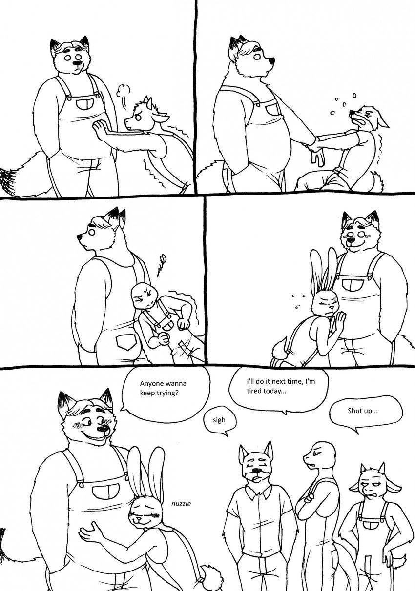 anthro blush bottomwear butt clothing dialogue eyes_closed group hug male overalls overweight overweight_male pants shirt text topwear bernielover disney zootopia fan_character gideon_grey canid canine fox lagomorph leporid mammal rabbit red_fox true_fox 2023 english_text hi_res monochrome