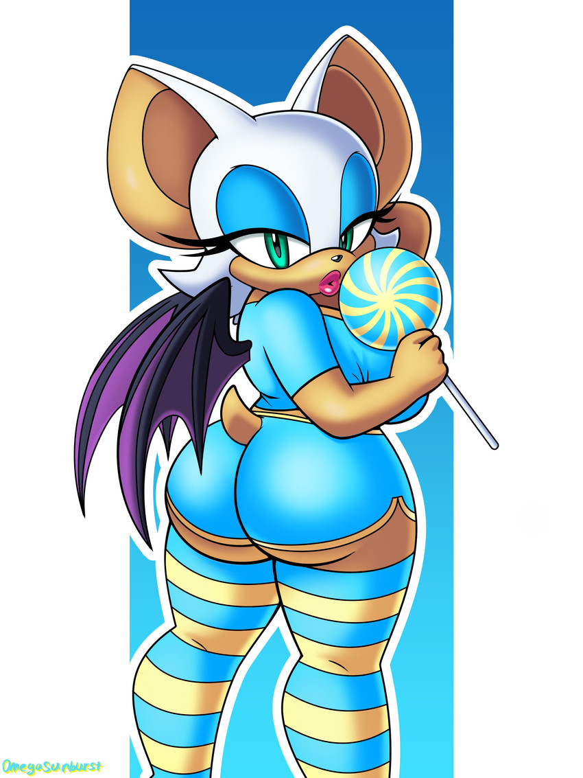 alternate_costume anthro bat_wings big_breasts big_butt biped blue_bottomwear blue_clothing blue_eyeshadow blue_legwear blue_shirt blue_shorts blue_thigh_highs blue_topwear bottomwear breasts butt candy clothing dessert dolphin_shorts eyeshadow female food footwear fur gradient_background holding_candy holding_food holding_lollipop holding_object legwear lipstick lollipop looking_at_viewer looking_back makeup membrane_(anatomy) membranous_wings multicolored_clothing multicolored_legwear multicolored_thigh_highs outline pattern_clothing pattern_footwear pattern_legwear pattern_socks pattern_thigh_highs pattern_thigh_socks pink_lipstick purple_wings shirt short_tail shorts simple_background socks solo standing striped_clothing striped_footwear striped_legwear striped_socks striped_thigh_highs striped_thigh_socks stripes tail tan_body tan_skin tan_tail teal_eyes thigh_highs thigh_socks topwear two_tone_clothing two_tone_legwear two_tone_thigh_highs white_bars white_body white_fur white_outline wide_hips wings yellow_clothing yellow_legwear yellow_thigh_highs omegasunburst sega sonic_the_hedgehog_(series) rouge_the_bat bat mammal 2020 3:4 absurd_res digital_media_(artwork) hi_res