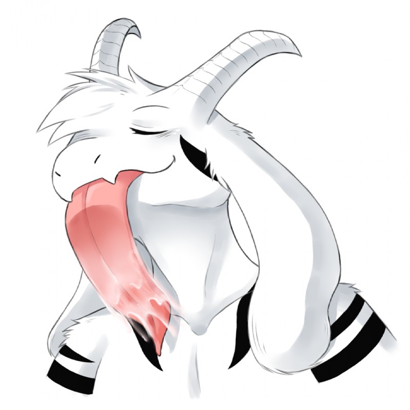 big_tongue black_sclera bodily_fluids fur horn long_ears long_tongue male markings saliva simple_background solo tongue tongue_fetish tongue_out white_body white_fur lewdtale undertale undertale_(series) asriel_dreemurr_(god_form) boss_monster_(undertale) bovid caprine mammal 1:1