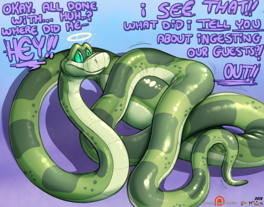 abdominal_bulge after_vore angry body_inside_body dialogue female feral green_body green_eyes green_scales halo patreon_logo scales solo text vore scott_calico patreon the_jungle_book python reptile scalie snake 2018 artist_name english_text url