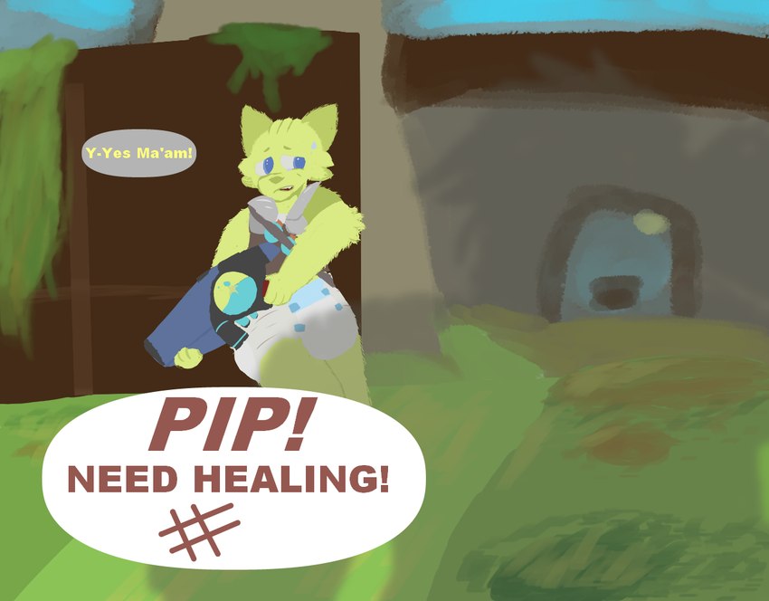 anthro bodily_fluids clean_diaper cloth_diaper clothed clothing dialogue diaper duo healing male pantsless potion_launcher silhouette sweat sweatdrop weapon wearing_diaper worried srcfur hi-rez_studios paladins_(game) pip_(paladins) canid canine fox mammal