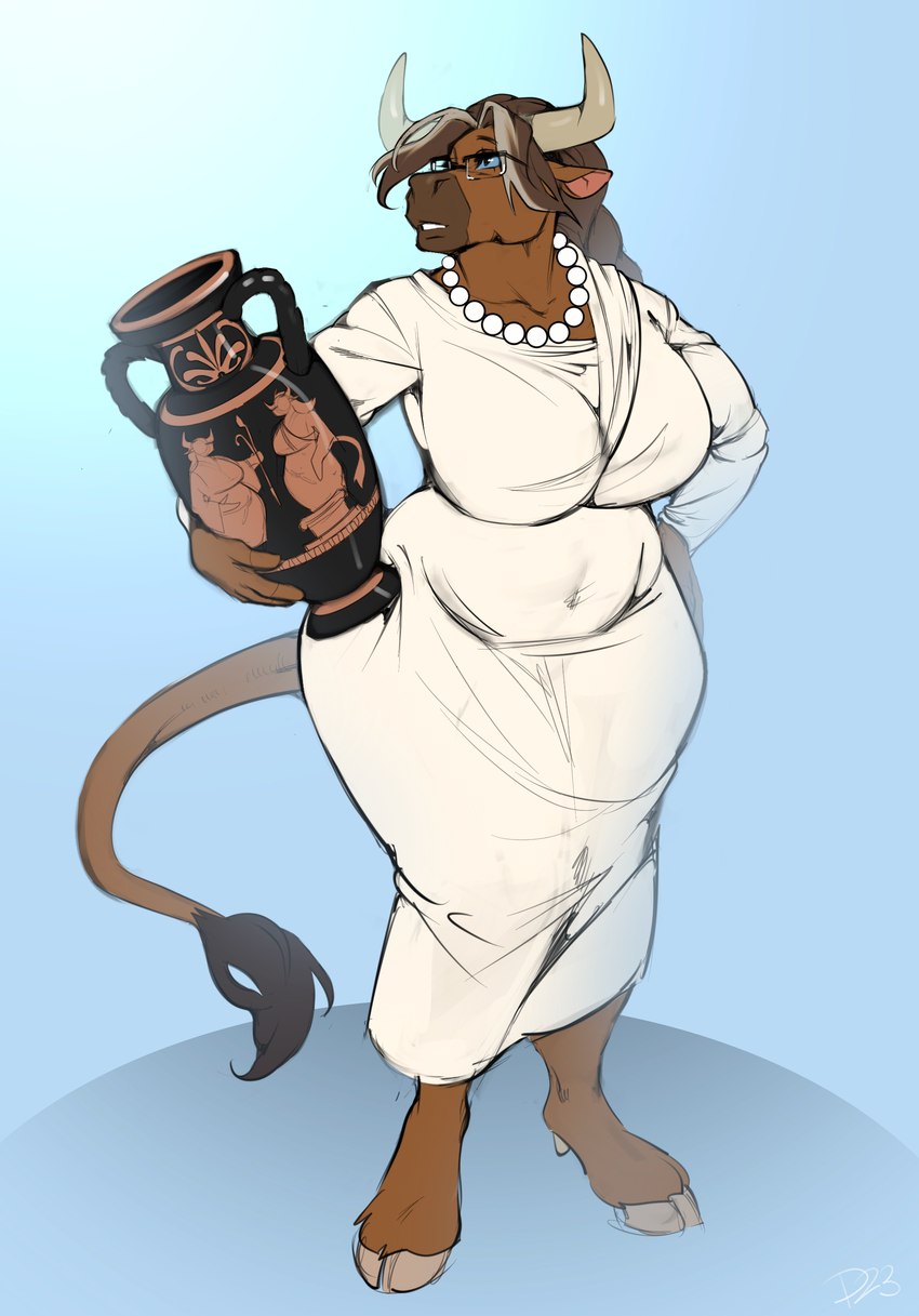 amphora anthro belly big_breasts blue_eyes braided_hair braided_ponytail breasts brown_body brown_fur brown_hair clothed clothing dress eyewear female fur gem glasses greying_hair hair hand_on_hip holding_amphora hooves jewelry looking_aside navel_outline necklace pear-shaped_figure pearl_(gem) pearl_necklace ponytail solo standing tail tail_tuft teeth thick_thighs tuft wide_hips deaddomovec european_mythology greek_mythology mythology iolanta_avarta bovid bovine cattle mammal minotaur absurd_res hi_res