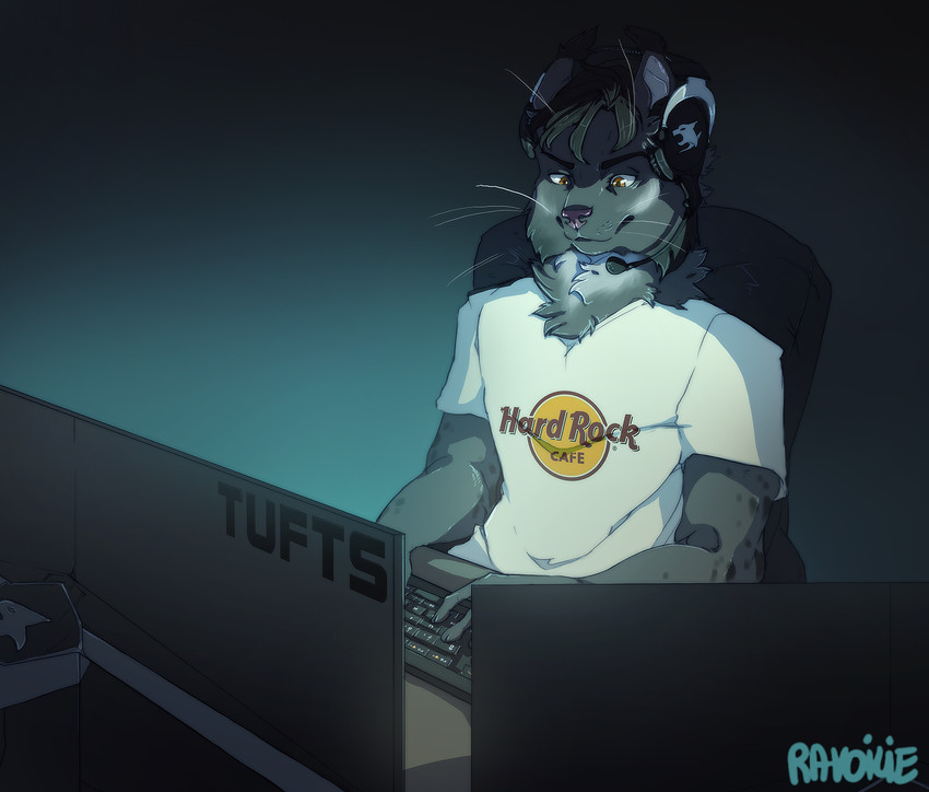 anthro clothed clothing electronics fur grey_body grey_fur headphones keyboard male sitting smile solo whiskers ravoilie krymson felid feline lynx mammal 2020 digital_media_(artwork) hi_res