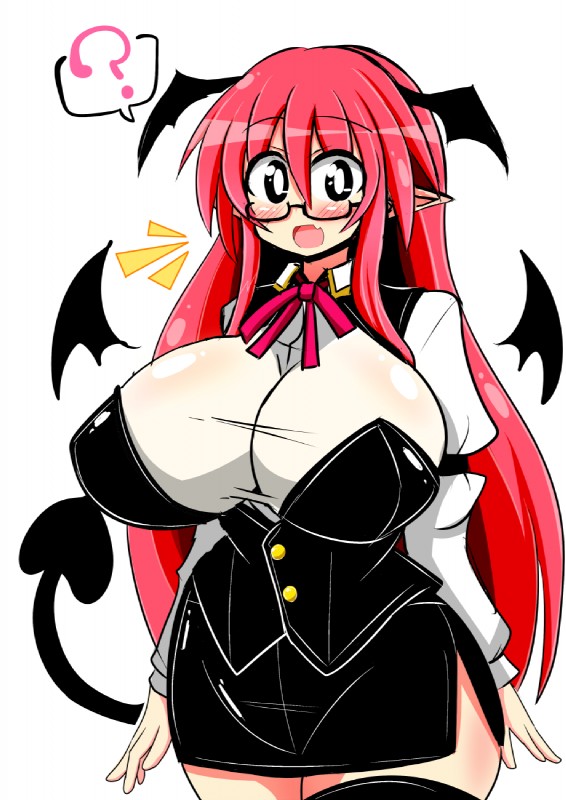 :d big_breasts blush bottomwear breasts clothed clothing eyewear fangs female glasses hair head_wings huge_breasts humanoid_pointy_ears legwear long_hair membrane_(anatomy) membranous_wings not_furry open_mouth pointy_ears red_hair shirt skirt smile solo spade_tail suit tail teeth thigh_highs topwear unusual_wing_placement wings rindou_(p41neko) touhou koakuma demon humanoid hi_res