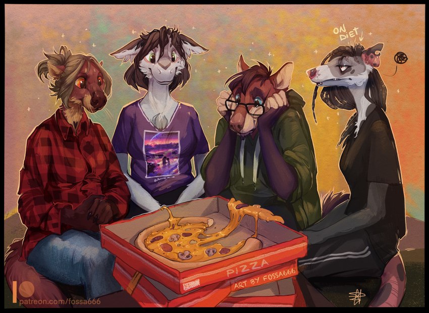 anthro black_border black_hair blue_eyes border breasts clothed clothing eyebrow_piercing eyewear facial_piercing female fur glasses green_eyes group hair piercing red_eyes tail fossa666 mythology fryaz_(f-r95) nitani_(fursona) american_opossum dragon euplerid fossa furred_dragon furred_scalie mammal marsupial mythological_creature mythological_scalie scalie 2021 digital_media_(artwork)